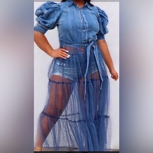 POSTOL Denim Look Puff Sleeve Dress in Blue